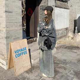 秋季超好看美式复古牛仔外套女春秋2025新款高级感阔腿裤长裤套装