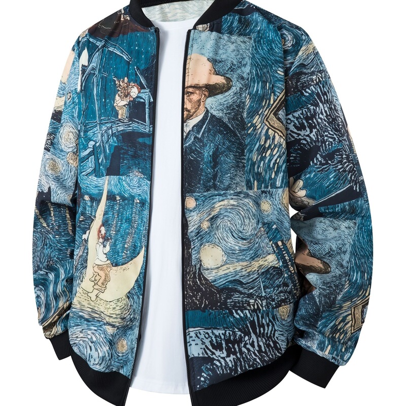 Retro casual Van Gogh art starry sky print baseball collar jacket, a versatile and trendy casual outerwear piece for men Retro casual Van Gogh art starry sky print baseball collar jacket, a versatile and trendy casual outerwear piece for men