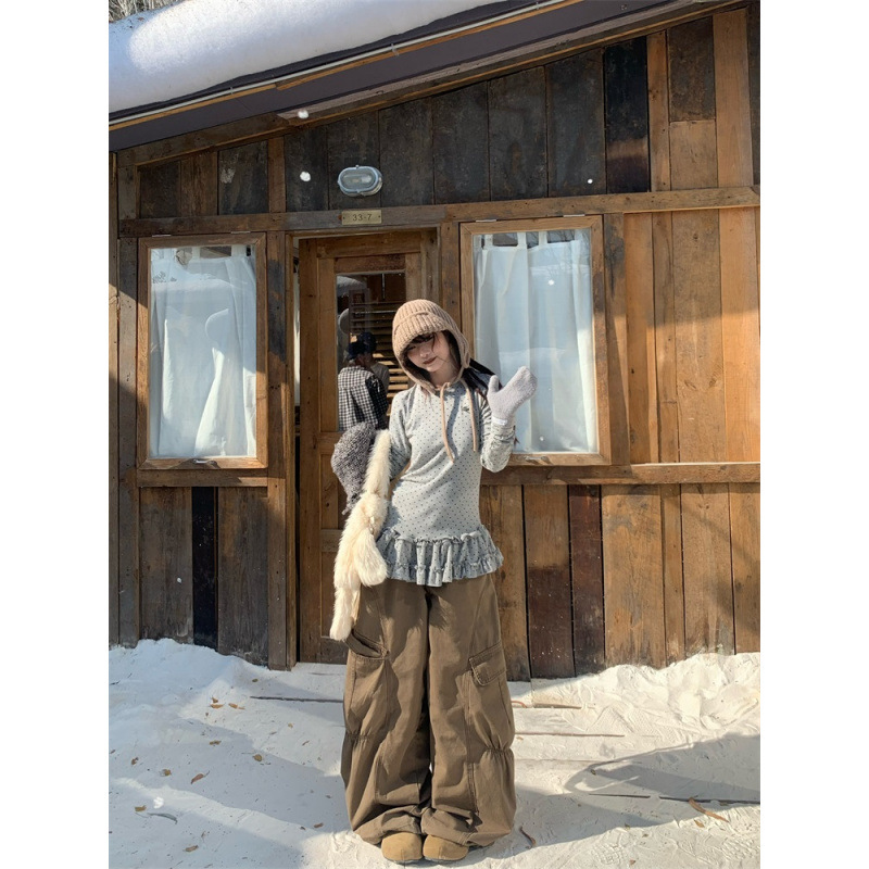 In-Stock Rayon Brushed American Retro Polka Dot Patchwork Skirt Long-Sleeve T-Shirt for Women, Autumn and Winter Casual Slim-Fit Inner Wear