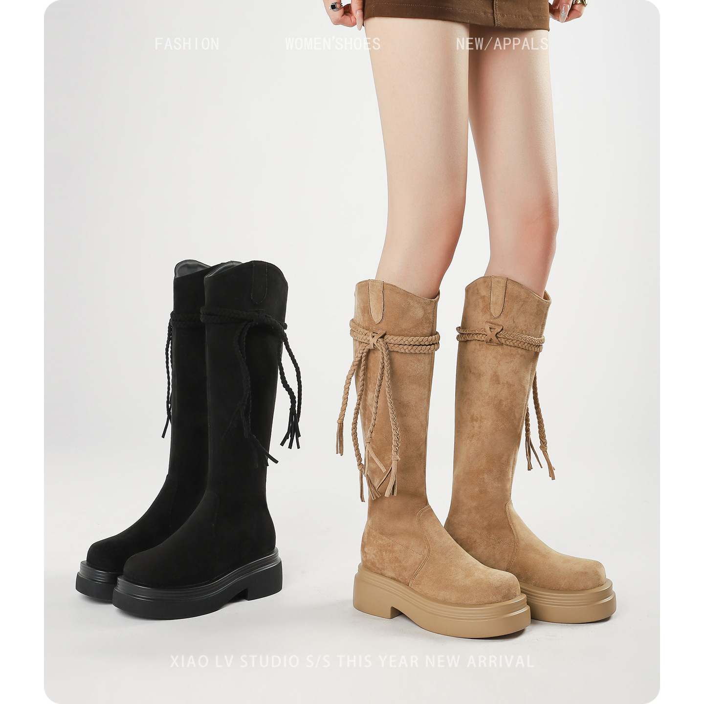 Retro Tassel Western Riding Boots, Large Tube High Boots, Plus-Size Boots for Women with Thick Legs, Thick-Soled Long Boots