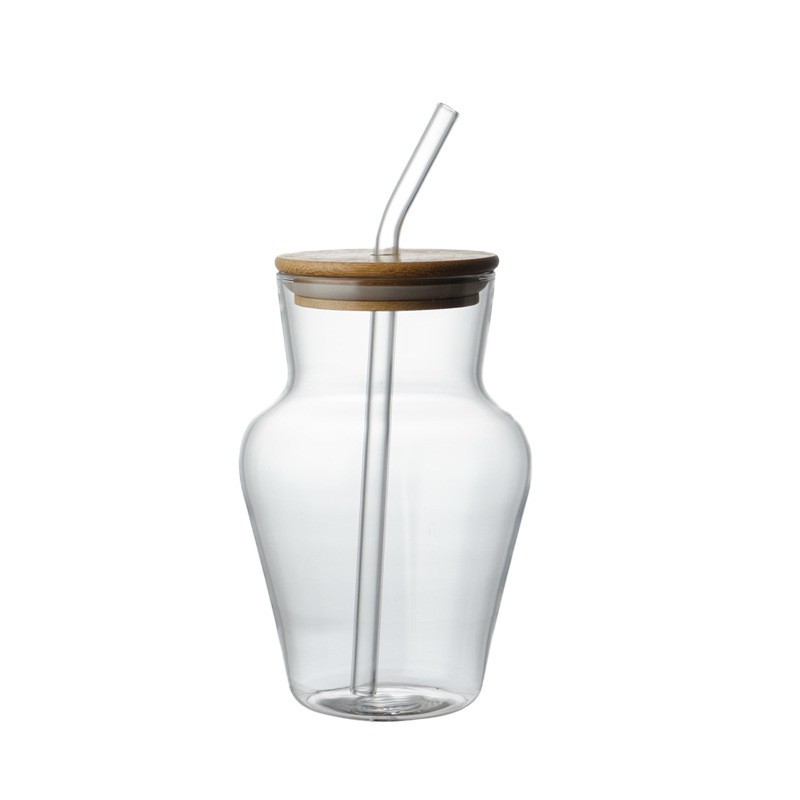 Suministro de tazas de paja de vidrio de alta borosilicona cubierta de madera de bambú tazas de vidrio rayadas tazas de bebida fría tazas de leche ins bebidas frías rojas image 6