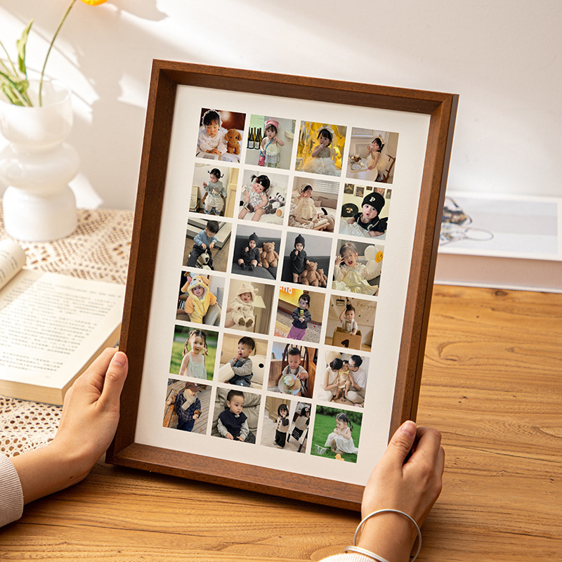 Nine-Grid Solid Wood Photo Frame Display Stand Photo Printing DIY Puzzle Couple Polaroid Print Commemorative Album Wall Hanging