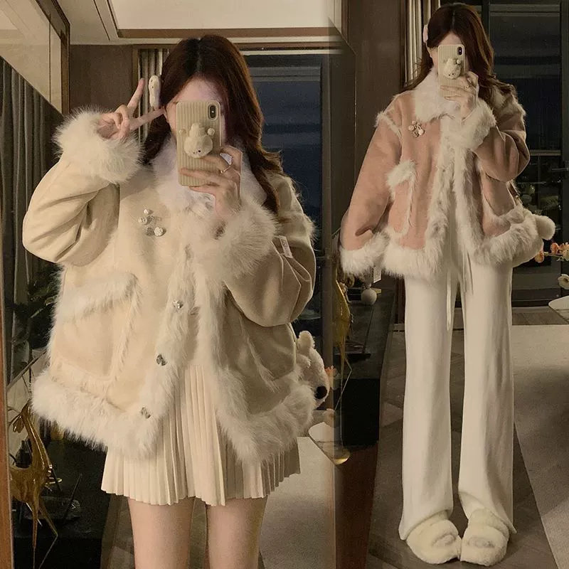 Носите меховую цельную замшевую шерстяную шерстяную шерстяную куртку для женского прилива зимой новая бархатная толстая свободная хлопчатобумажная одежда