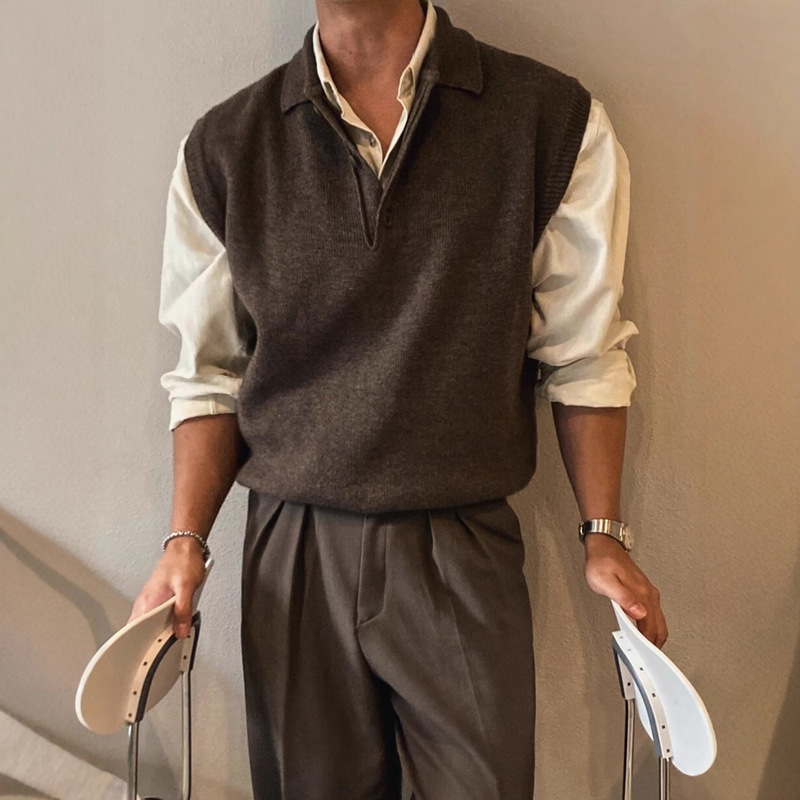 Korean Style Casual Polo Collar Knitwear Fashion Vest Spring & Fall Niche Maillard Dark Brown Knitwear Vest Vest
