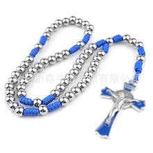 8毫米不锈钢珠子圣人Benedict念珠中心蓝编织十字架项链