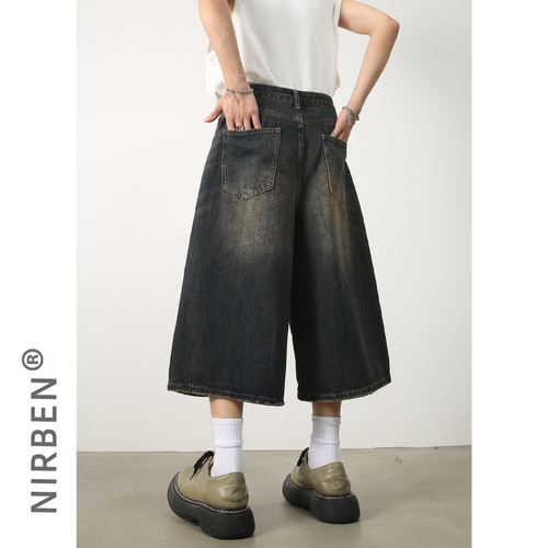nirben牛仔|新品美式复古做旧牛仔短裤百搭宽松阔腿直筒七分裤