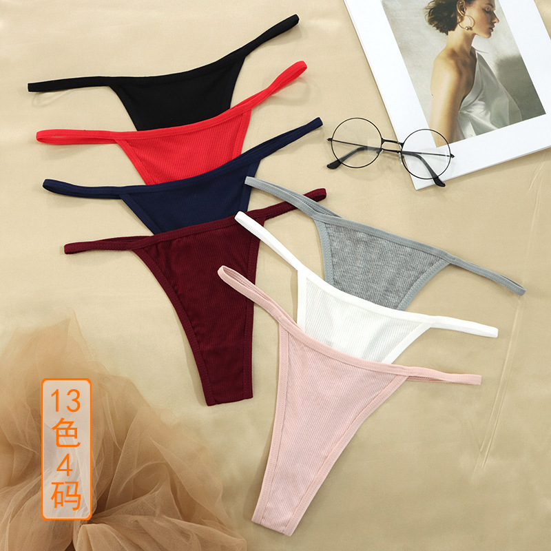 T113 Foreign Trade Basic Style Thin Belt Sexy Thong Low Waist Cotton Women's Underwear Solid Color Thread Simple Cross-border plus size