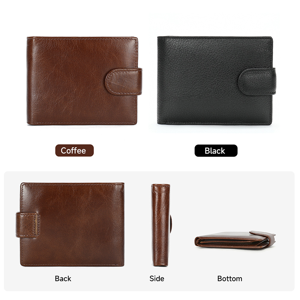 Ví nam gập mini da bò thật cao cấp, nhiều ngăn thẻ RFID, kiểu dáng mỏng nhẹ — Đen, Nâu, 12*2.5*9.5cm
