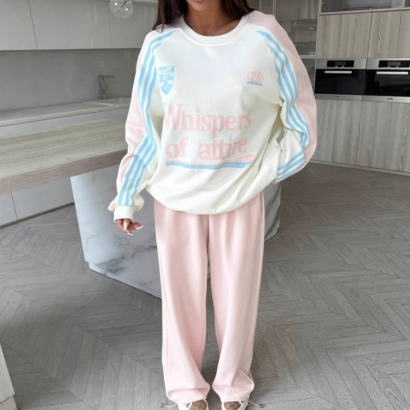 American Retro Style Color-Block Letter Print Crew Neck Sweatshirt for Women, New Autumn Loose Sports Style Color-Block Pants Set