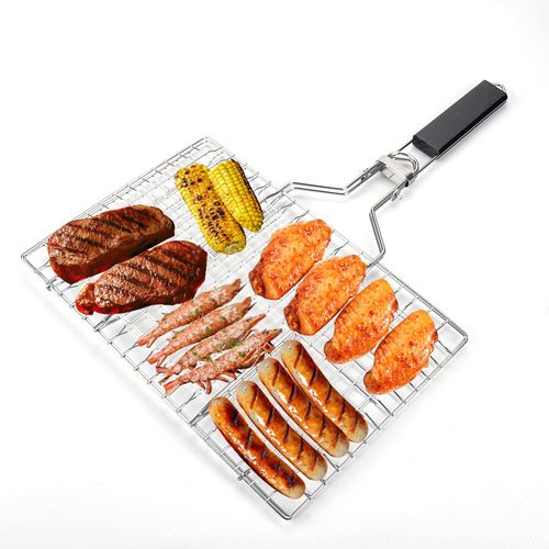 Outdoor folding barbecue net barbecue tools stainless steel wooden handle food clip 430 grilled fish clip removable BBQ grill net
