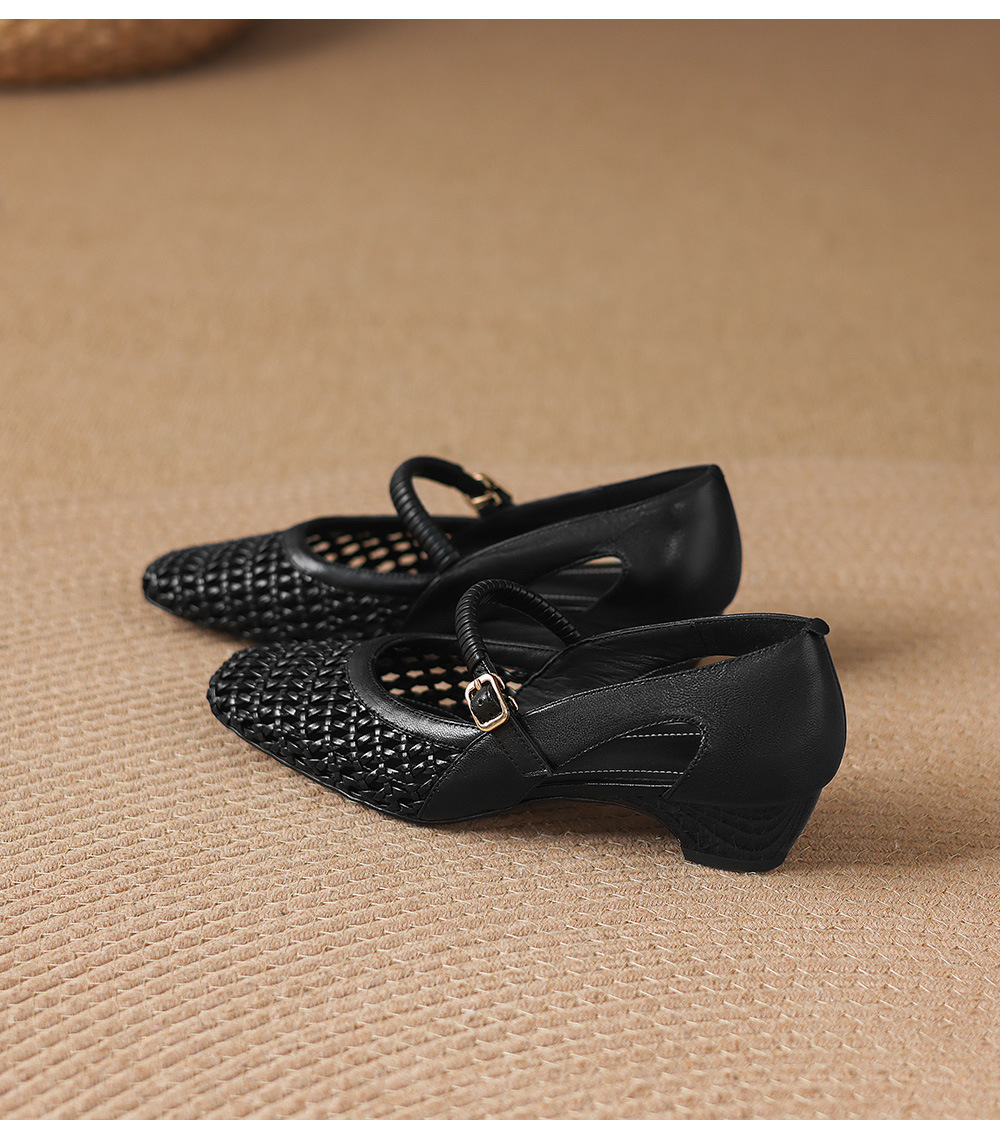 Giày sandal nữ gót thấp 3 cm mũi vuông hở bên da cừu đi làm — đen chi tiết 21