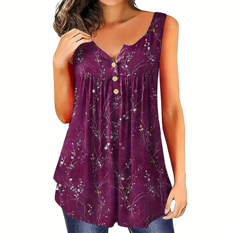 European and American Cross-Border Amazon 2025 Summer New Sleeveless Top Loose T-Shirt Button Women's V Neck Vest