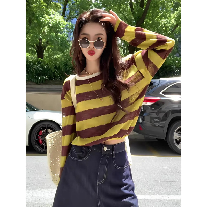 撞色条纹圆领长袖女式针织衫2025新款早秋宽松休闲防晒罩衫上衣潮|undefined