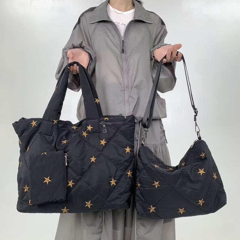 跨境专供女士时尚衍缝棉服托特包三件套星星百搭单肩手提包|undefined
