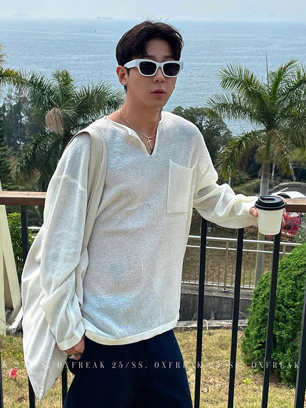 老钱风V领亚麻长袖t恤男秋款大码宽松上衣松弛穿搭大领口男士罩衫|undefined