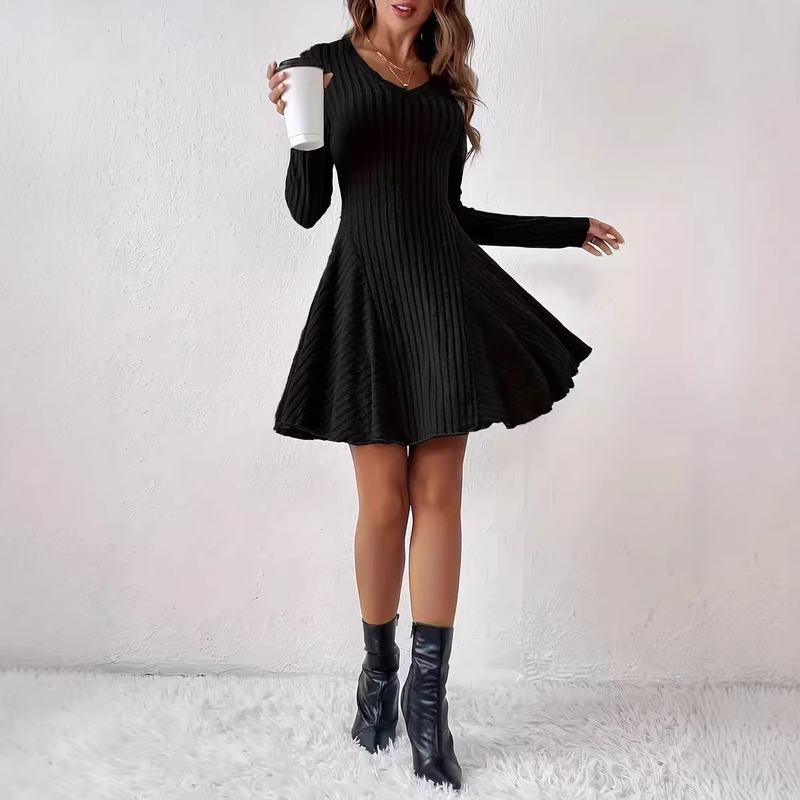 2026 Autumn/Winter New European and American Cross-Border Amazon New Elegant Knitted V-Neck Long Sleeve Short Dress with Flared Skirt