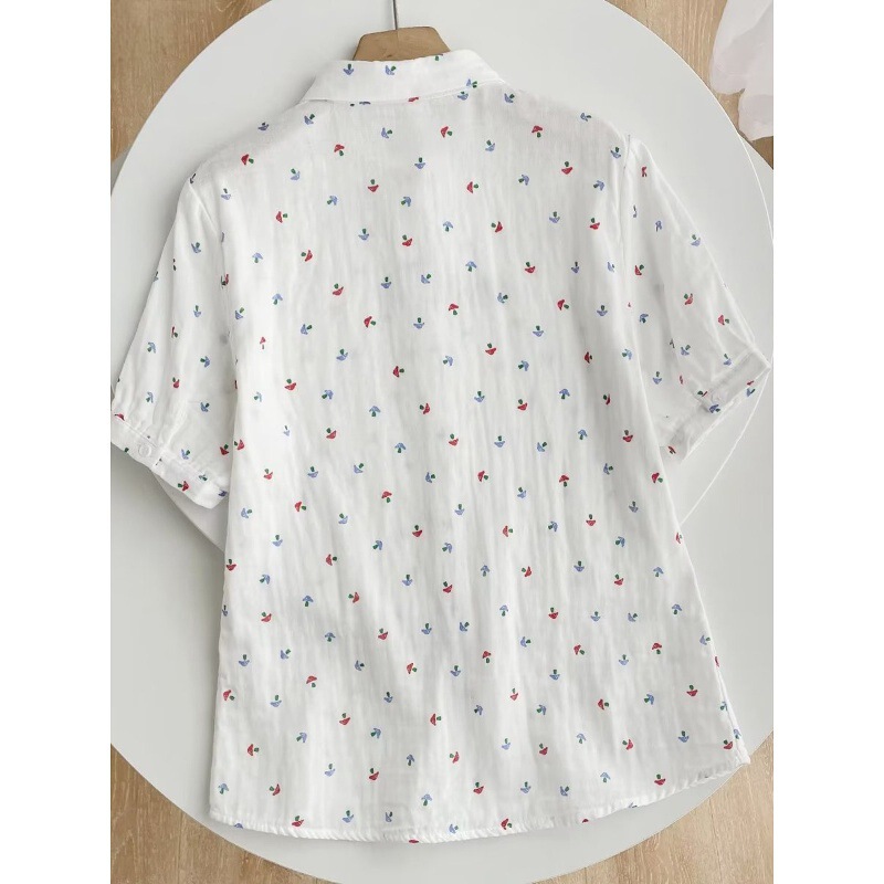 2025 Summer New Mushroom Print Cotton Gauze Short-Sleeve Shirt for Women, Fresh Floral Versatile Blouse
