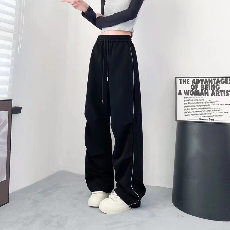 Korean Wide-leg Pants for Women Summer 2024 High-waist Design Side Stripesd Cuff Straight Sports Casual Long Pants Korean Wide-leg Pants for Women Summer 2024 High-waist Design Side Stripesd Cuff Straight Sports Casual Long Pants