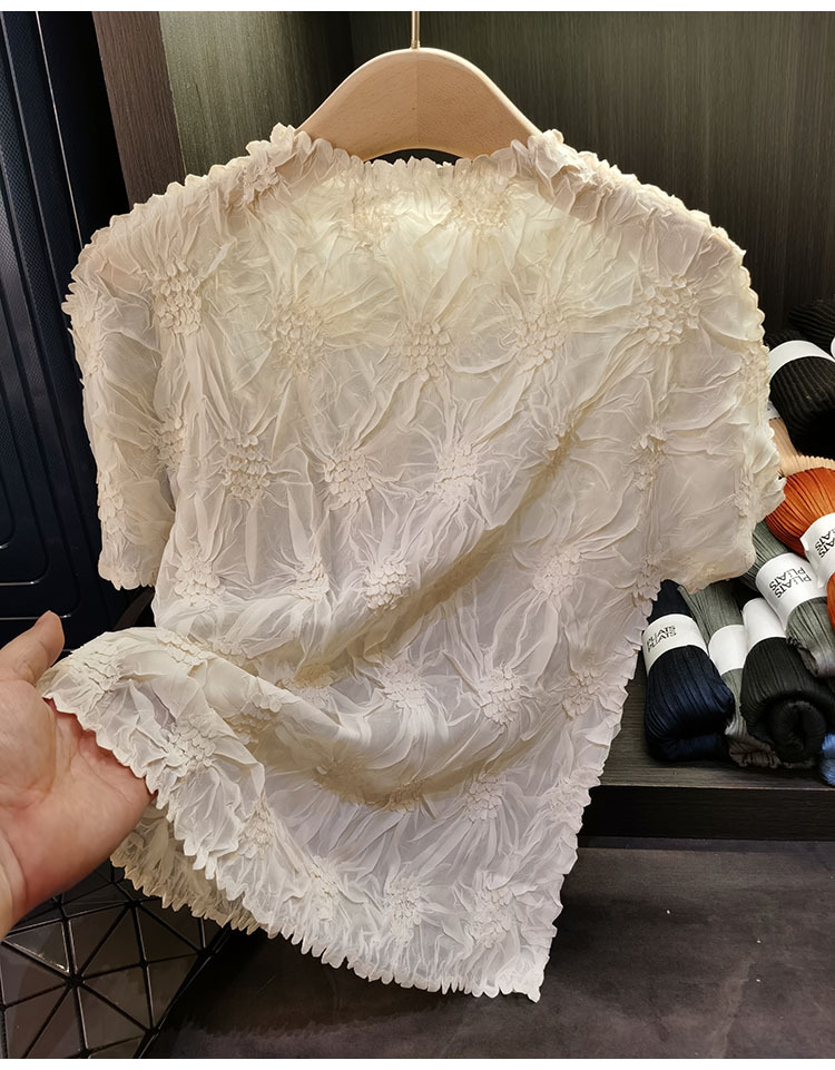 Áo thun ngắn tay cổ đứng phối xếp li nữ thiết kế cao cấp — Màu đen, Màu trắng, Màu xám, Màu vàng gừng chi tiết 7