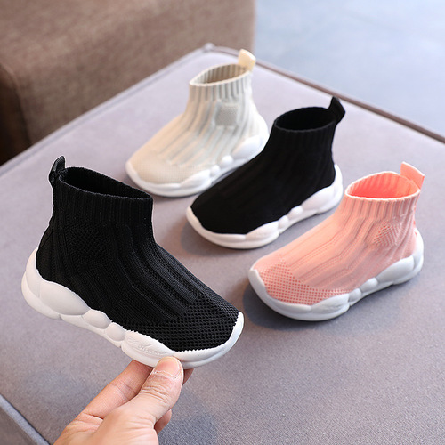  Spring New Boys Socks High-top Sports Shoes Breathable Girls Fly Knit Shoes Korean Style Kids Casual Net Shoes