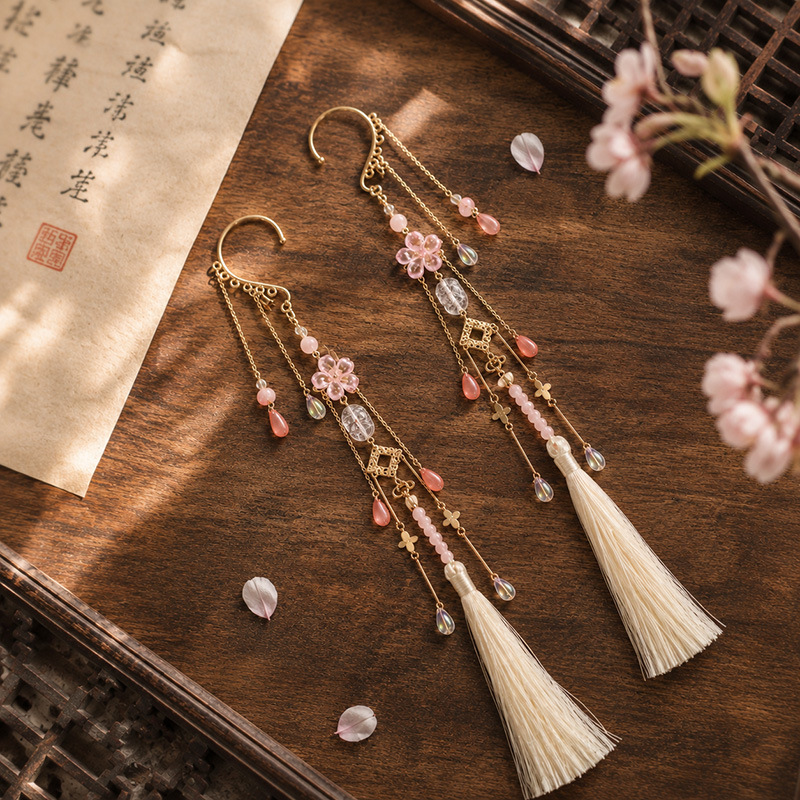 Ancient-style ear pendants, super fairy-like floral earrings, Hanfu costume earrings, tassel pendants, extra-long tassel accessories, hanging ornaments, pendants