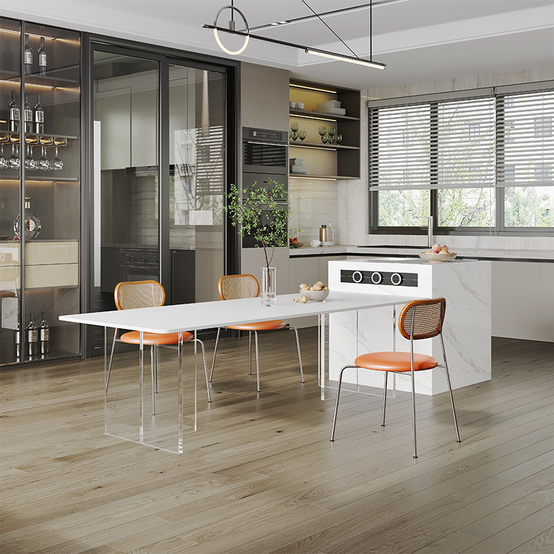 Acrílico roca placa mesa de comedor transparente hogar simple luz italiana blanca Suspensión de lujo delifeng mesa de comedor rectangular y silla