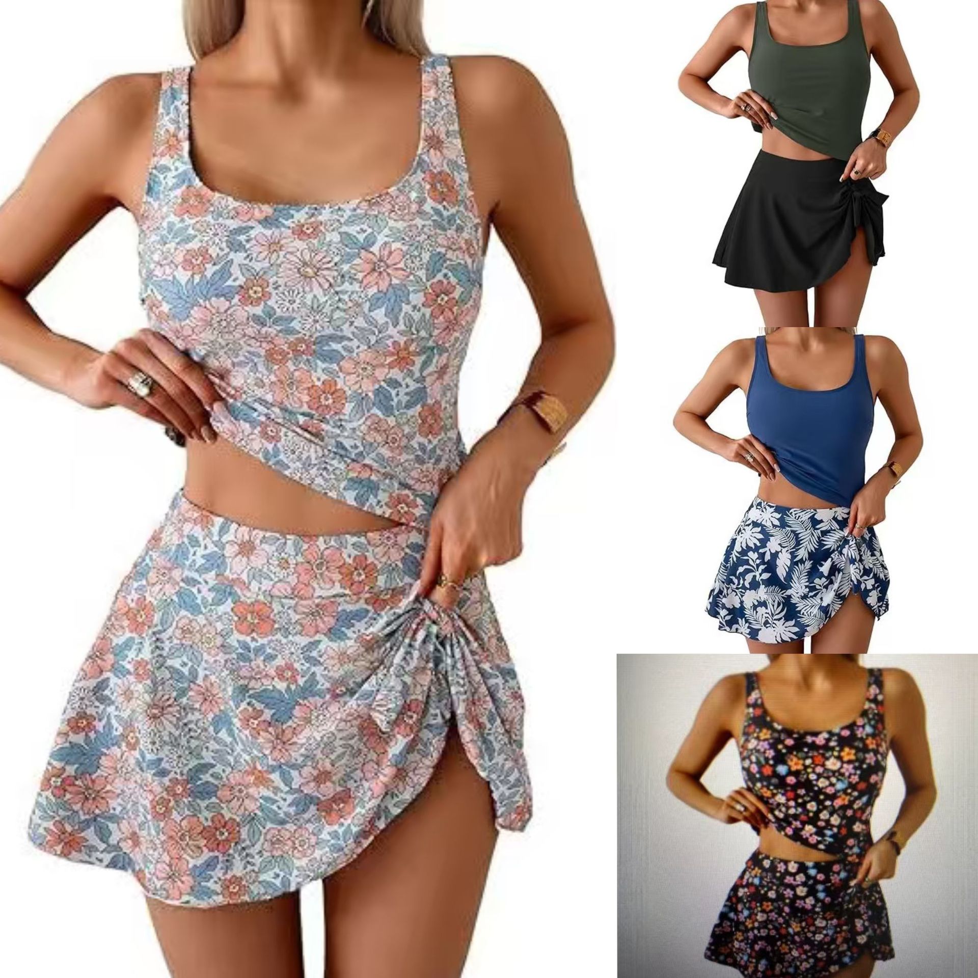 Amazon 2025 New Fashion European and American Slim Fit Two-Sided Drawstring Design Split Women's Tankini Swimsuit