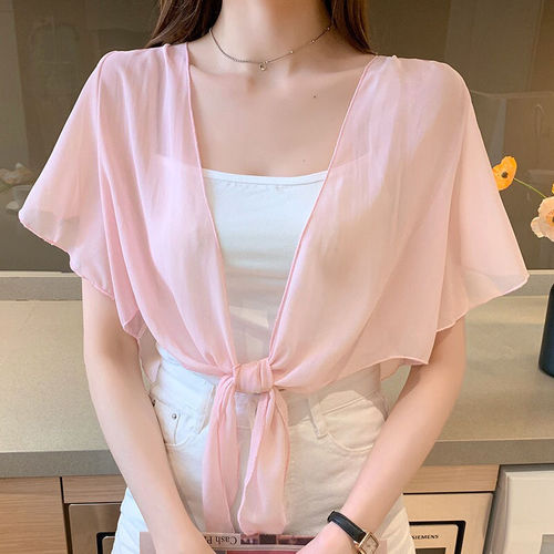 Summer chiffon women's shoulder wrap with spaghetti straps, cloak dress, small square neck, outerwear with sunscreen sweater, fairy coat, thin jacket