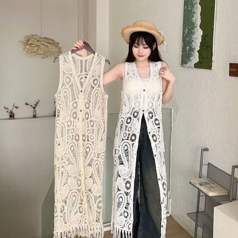 New Summer Hollow Crochet Knit Vest for Women, Thin Long Cover-Up for Beach Vacation Layered Wear