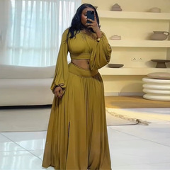 欧美女装2025新款甜美圆领灯笼袖短款衬衫高腰大摆半身裙两件套