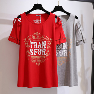 Deformed chubby girl Summer Shoulder Top Round Neck Loose All-match Printed T-shirt 2024 Summer New plus size