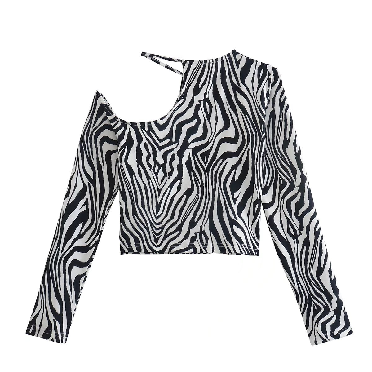 Off Shoulder Long Sleeve Slim Zebra Pattern Top NSAM114836