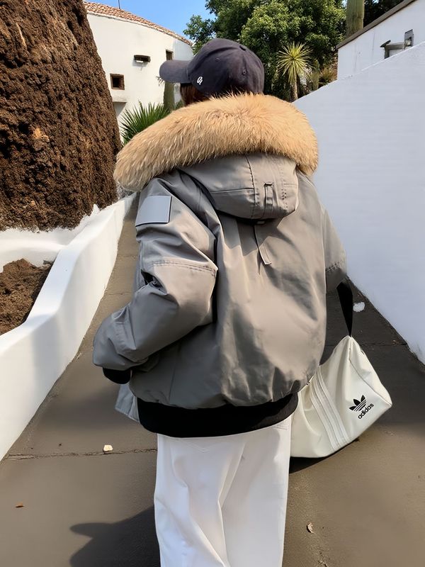 欧美飞行夹克情侣工装羽绒服女2025冬季新款大毛领极寒加厚派克服|undefined