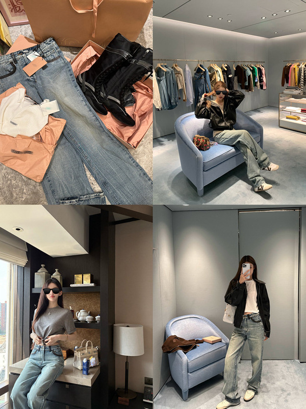 Good Morning Fan Fan "M1U Series Leather Denim" Washed Blue Slim Straight Jeans Women's Autumn Versatile Long Pants Good Morning Fan Fan "M1U Series Leather Denim" Washed Blue Slim Straight Jeans Women's Autumn Versatile Long Pants
