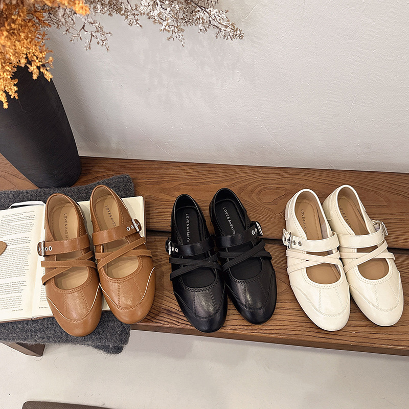 Dongji~Women's Red Round-Toe Shallow-Mouth Flats 2026 Spring New Buckle Round-Toe Ballet Shoes Dongji~Women's Red Round-Toe Shallow-Mouth Flats 2026 Spring New Buckle Round-Toe Ballet Shoes