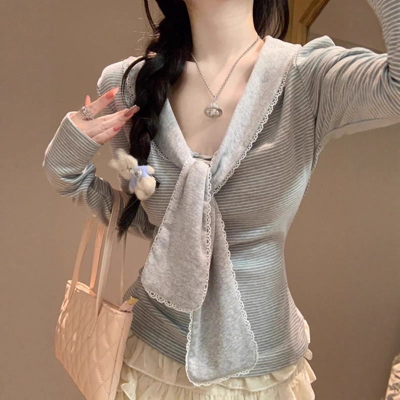 Designed Striped Navy Collar Long-Sleeved T-Shirt for Women Autum New Slim Slim Lace Casual Versatile Top Ins