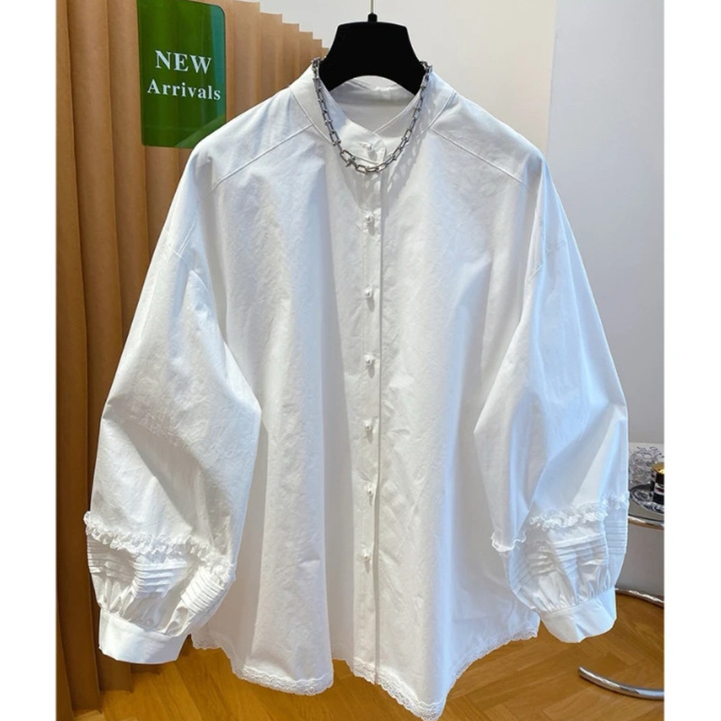 Pearl button white shirt for women, long sleeve, 2026 new model, high-end feel, loose casual cotton lantern sleeve top 1290 Pearl button white shirt for women, long sleeve, 2026 new model, high-end feel, loose casual cotton lantern sleeve top 1290