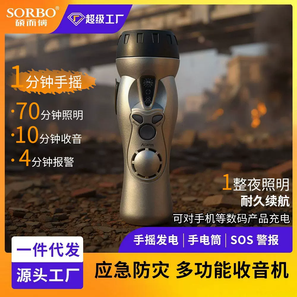 强光手电筒跨境led多功能家用应急照明手摇充电救灾报警收音机
