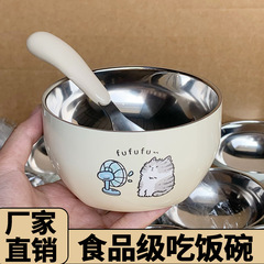 卡通不锈钢食品级碗童碗防摔防烫家用吃饭汤碗宝宝碗特厚饭碗带勺