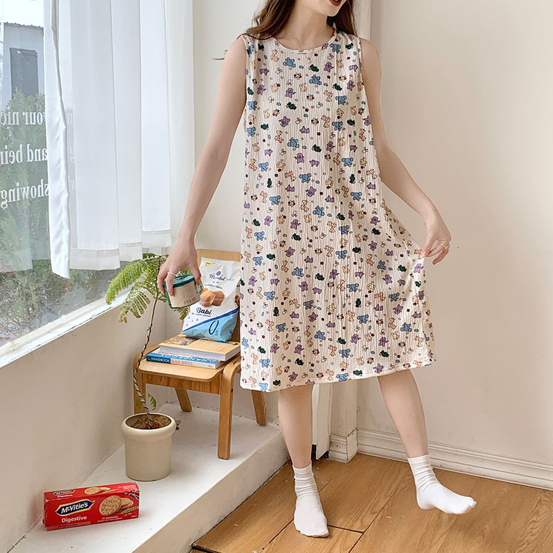 2024 algodón arrugado pijama de verano mujer sin mangas chaleco pijama fresco chaleco de flores vestido para el hogar