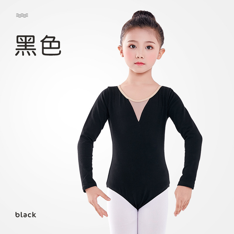 Ropa de baile de Ballet para niños de manga larga Ropa de práctica negra para niños Rendimiento de baile de Primavera de una pieza Ropa de baile de entrepierna abierta