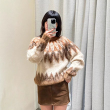 法式针织毛衣秋冬新款费尔岛图案套头毛衣气质宽松马海毛针织衫女