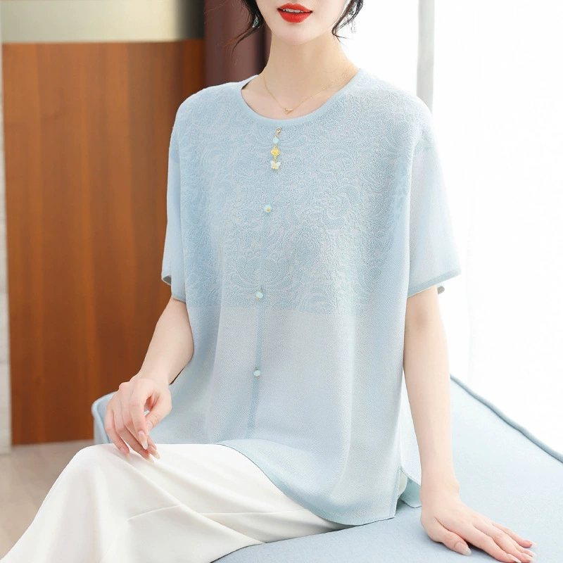 Мама роскошная маленькая рубашка со льдом рубашка рыхлый топ для женщин среднего и пожилого возраста летнее платье с короткими рукавами новая одежда