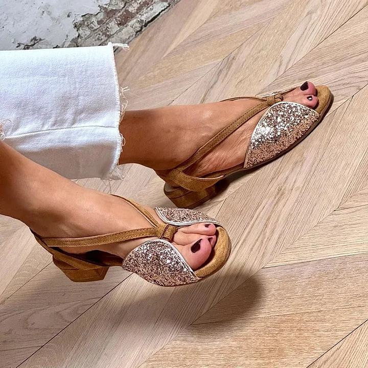 Sequin Holiday Sandals 2025 Fish Mouth Open Toe Brown Suede Thick Heel Women's Shoes Cross-Border Aliexpress Sequin Holiday Sandals 2025 Fish Mouth Open Toe Brown Suede Thick Heel Women's Shoes Cross-Border Aliexpress