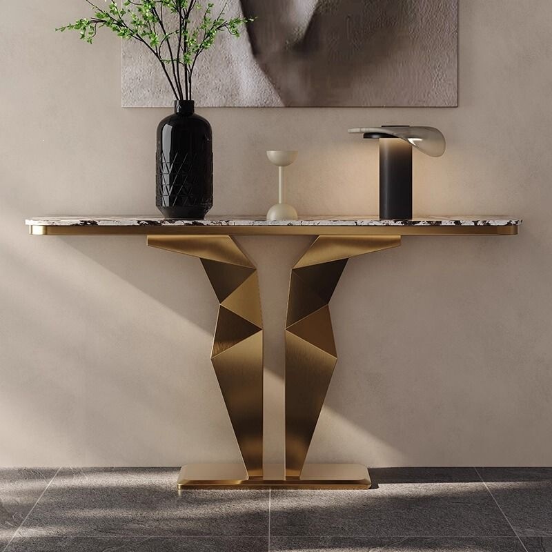 Marble Entryway Table, Villa Living Room Stainless Steel Wall-Mounted Console Table, Modern Minimalist Light Luxury High-End French-Style Entryway Table Marble Entryway Table, Villa Living Room Stainless Steel Wall-Mounted Console Table, Modern Minimalist Light Luxury High-End French-Style Entryway Table