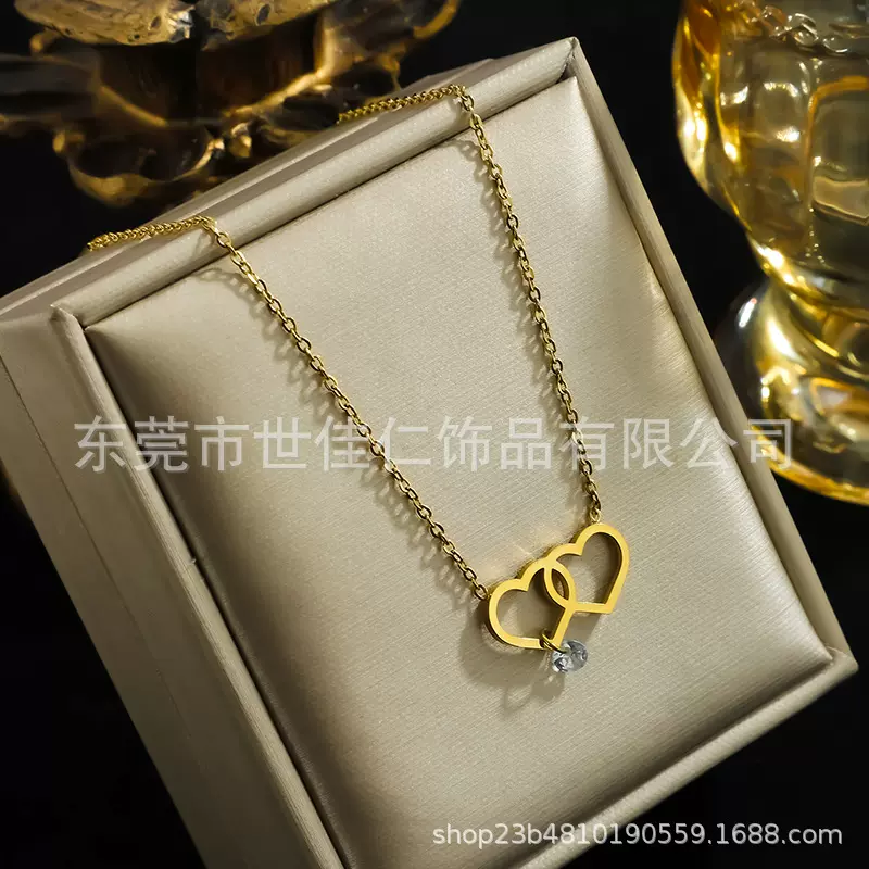 跨境新款爱心双环钻极简风炉内真金钛钢项链女ins风锁骨链配饰品