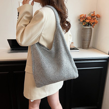 日韩小众秋冬针织高级感托特包2024新款时尚金丝线毛绒单肩包女包