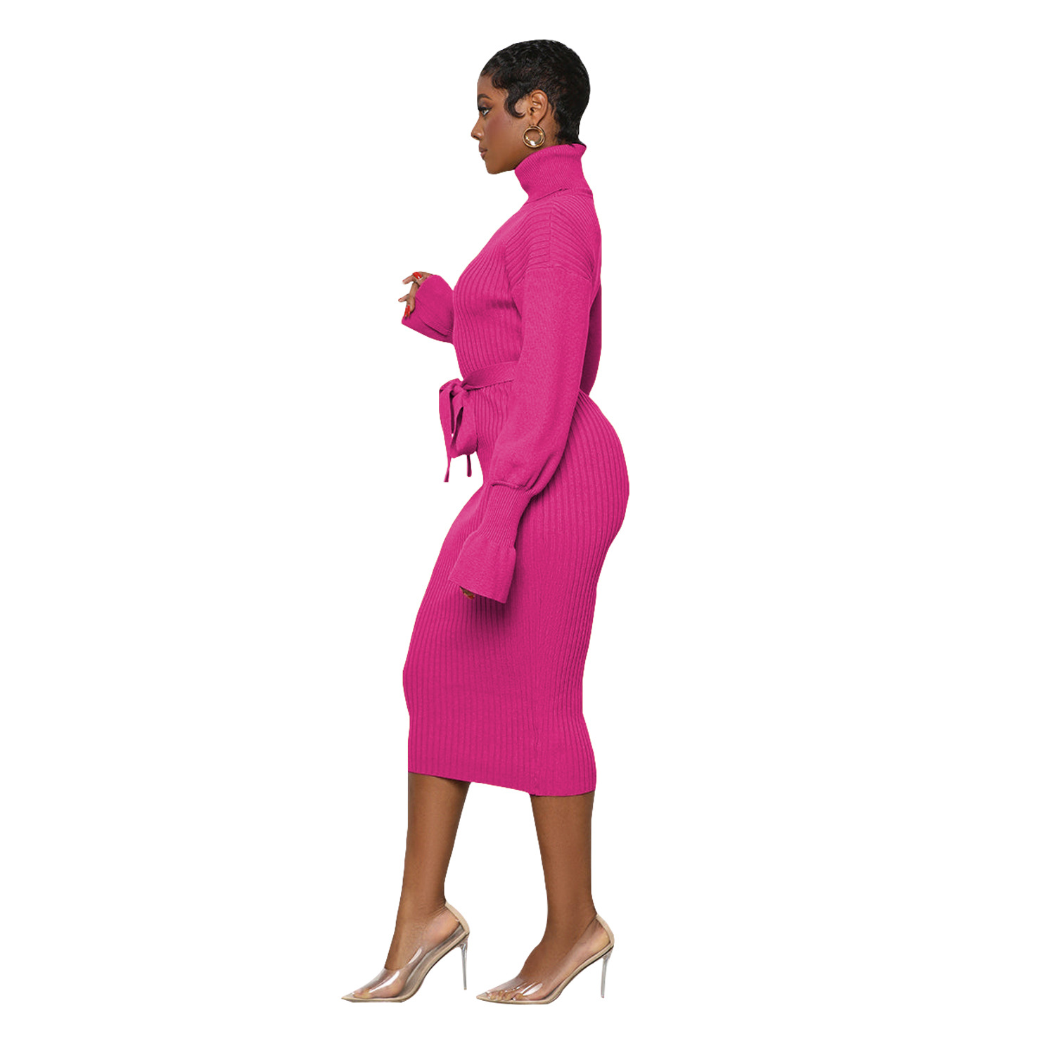 Women's Clothing solid color high collar knitted strap dress_voghion.com