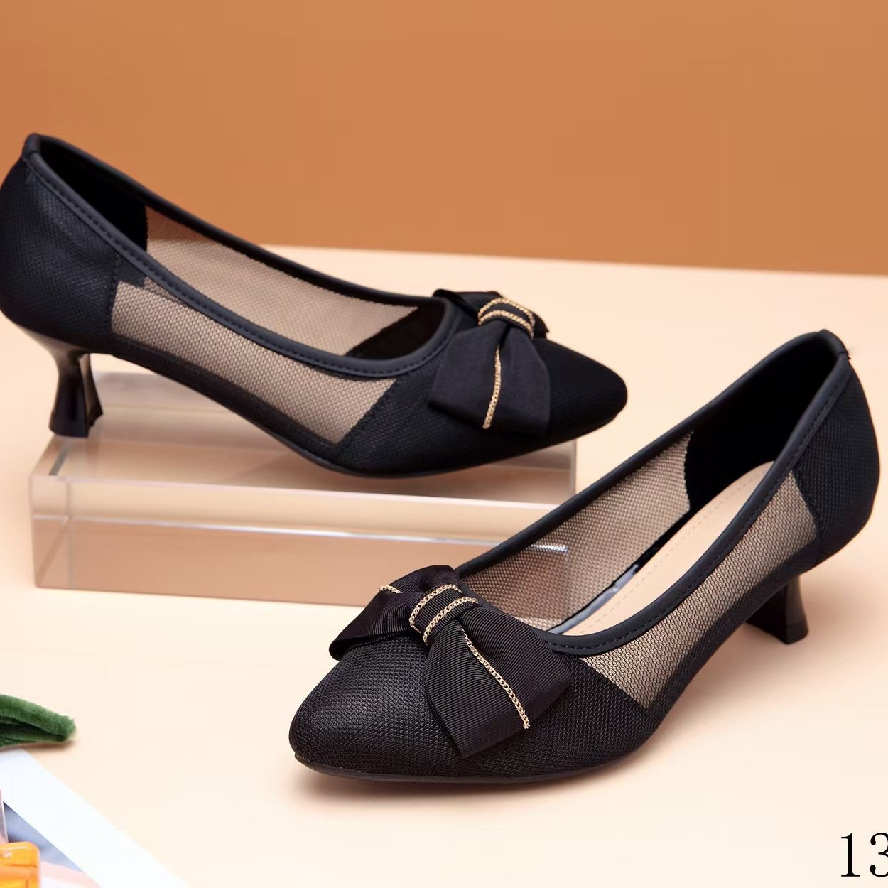 1353 Mesh Sandals Women's Small Heel 2025 Summer New Style Bow Cut Out Flats Medium Heel Pointed Toe Stiletto High