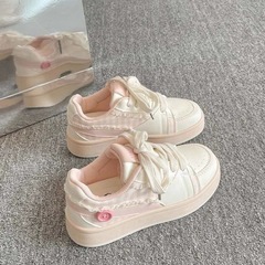 百搭小众面包鞋女鞋春夏季新款樱花粉板鞋ins花边厚底小白鞋女款
